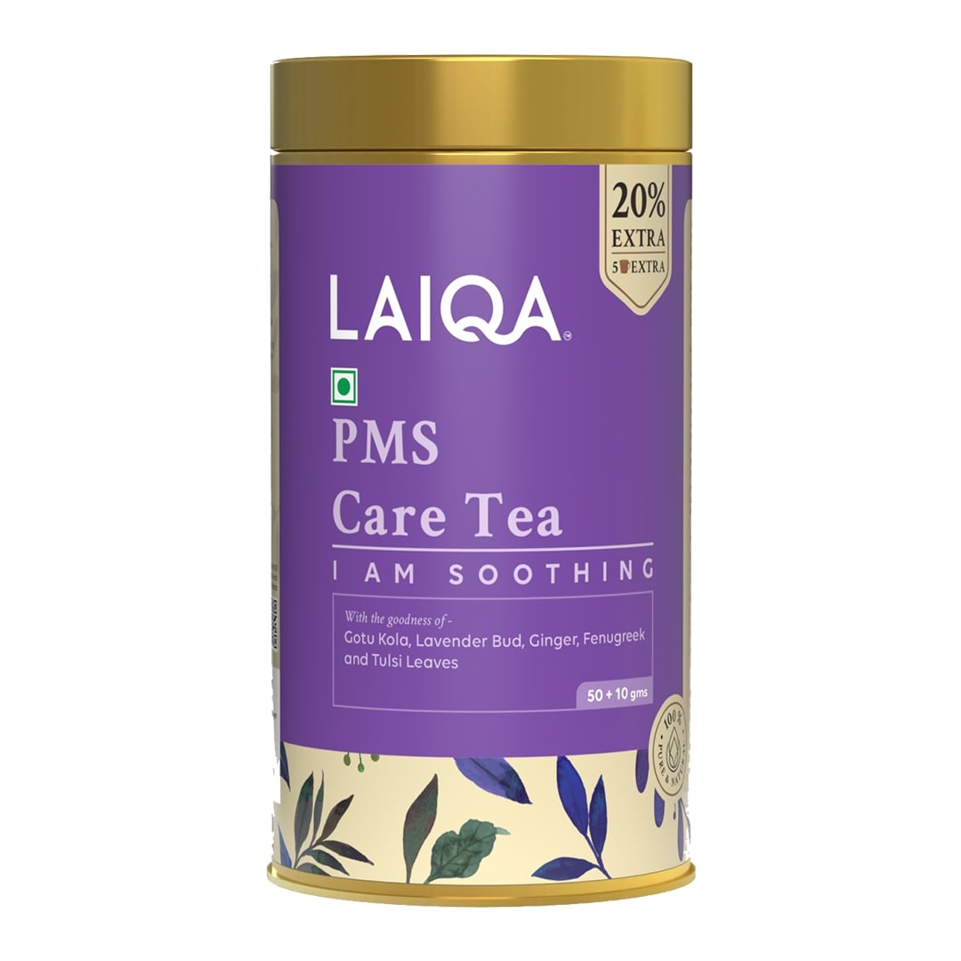 LAIQA PMS Care Tea for hormonal balance, period cramps, bloating relief, and mood support. Enjoy soothing lavender buds the magic of natural herbs (60g)